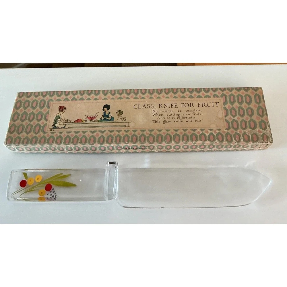 Vintage Painted Fruit & Flowers Clear Glass Fruit/Cake Knife In Original Box